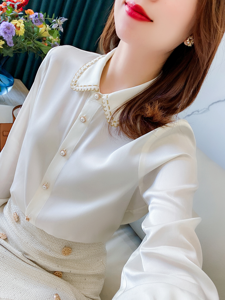Designer white silk top long sleeve with Collar