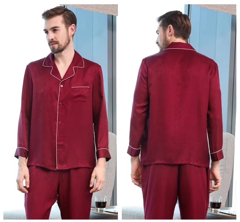 Mens Long Sleeve Silk Silk Night Suit Pajamas in Red 