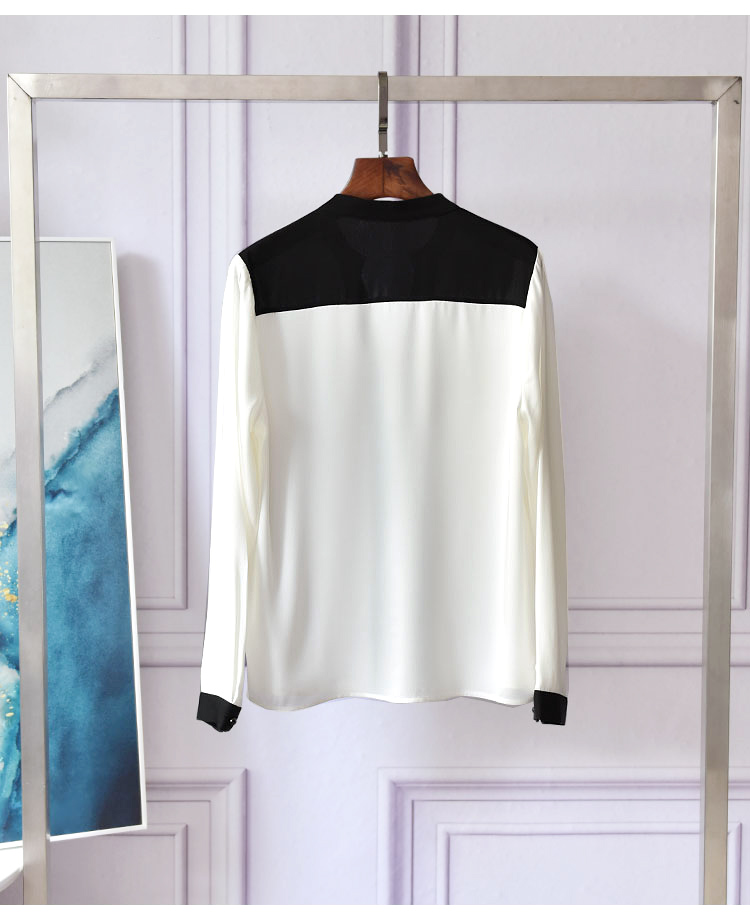 Pure Silk Black And White Woman Blouses with Long Sleeves