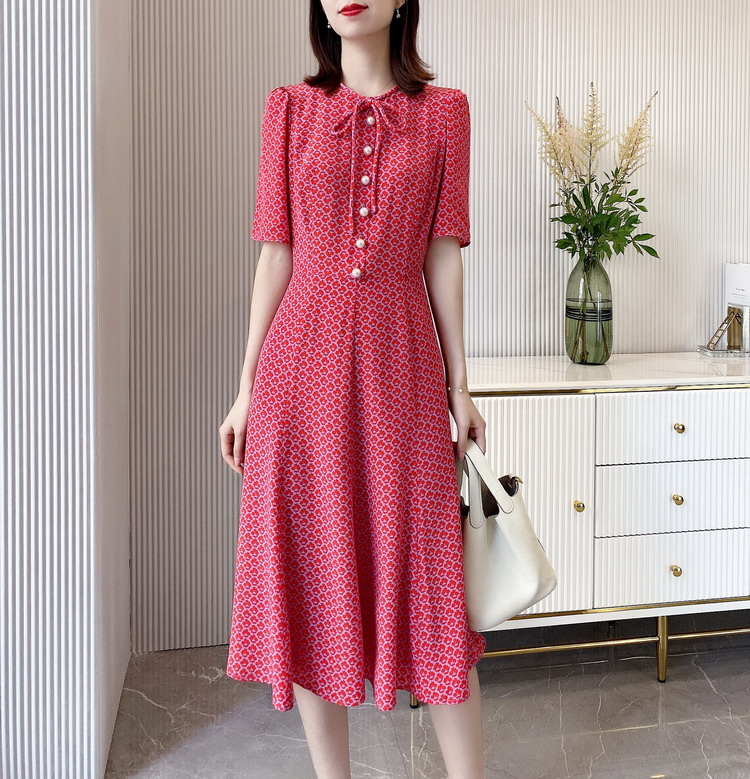 Fancy Printed Button Up Silk Gown in Red