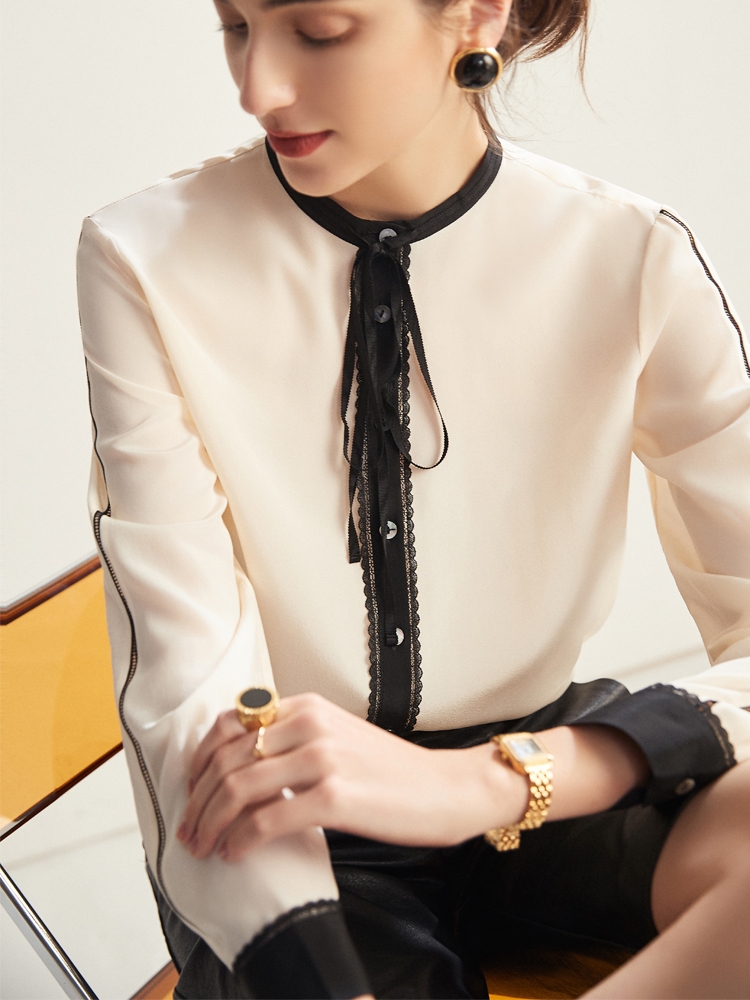  Luxury Pure Silk Collared Blouse for Ladies White