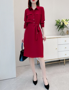 Heavy Silk Shirt Dress with Split in Red for Woman