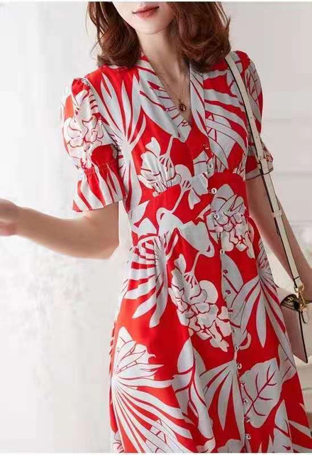 Heavy Silk Crepe De Chine Button Down Dress in Floral Print for Summer Sear