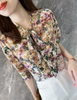 Floral Printed Long Sleeve Button Down Silk Blouse Womens