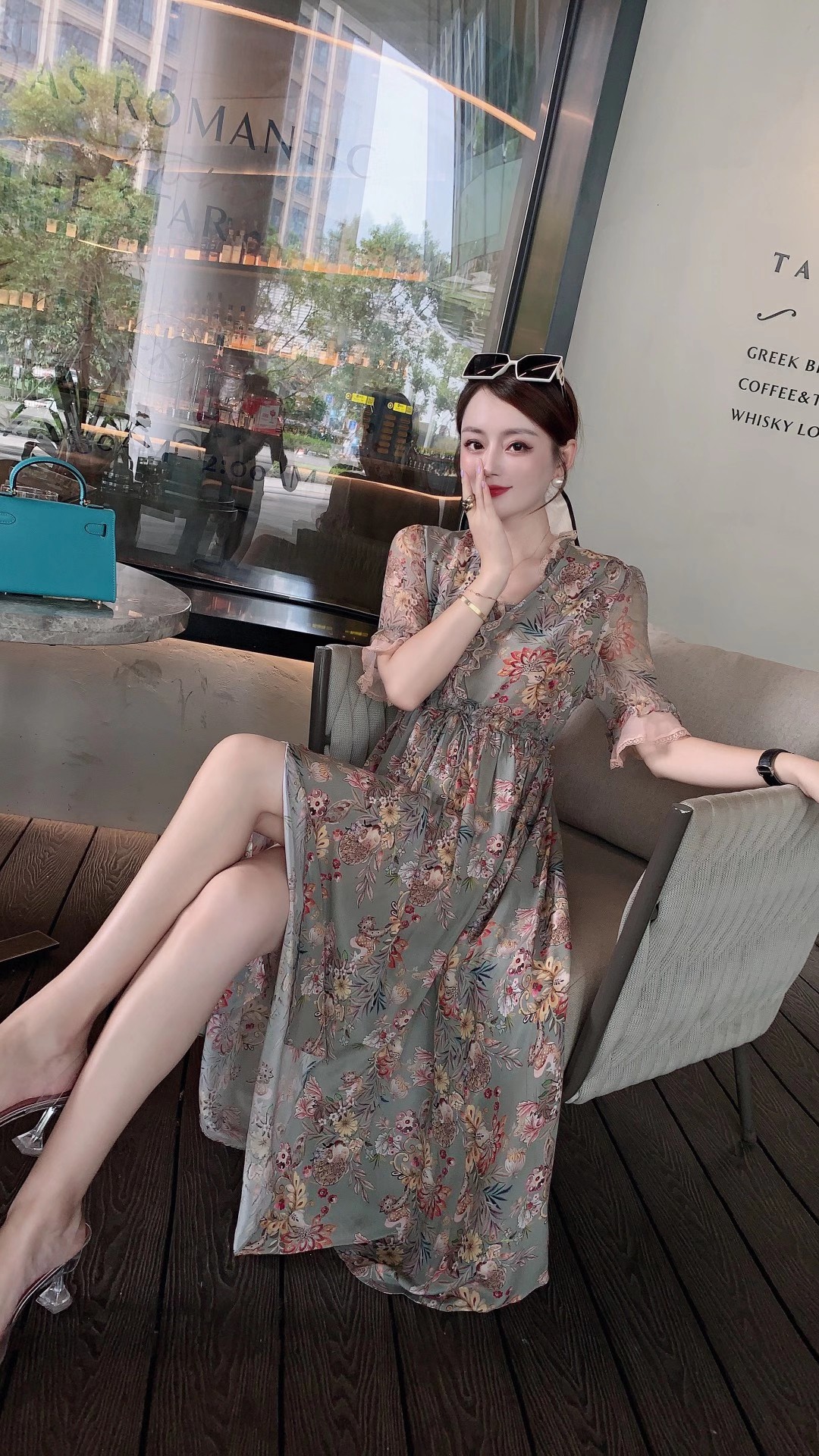 Luxury Genuine Silk Flower Tea Dress with Slit