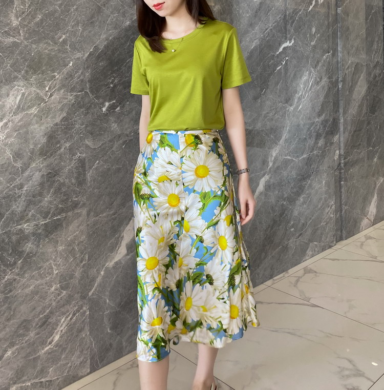 A Line Floral Printed Silk satin Midi Skirt