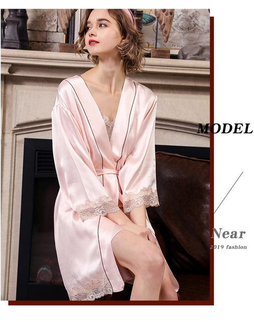 Women's Sexy Silk Robe Pajama Set Silk Nightgown with Sleeves